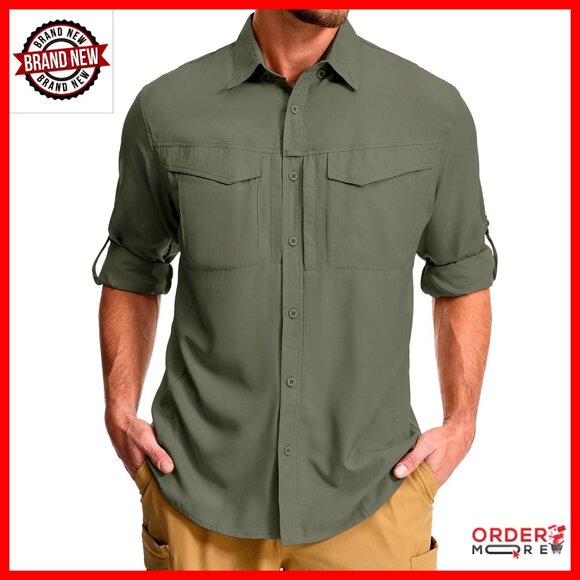 Men's UPF 50 Safari Shirt Long Sleeve Quick Dry Fishing Hiking Travel